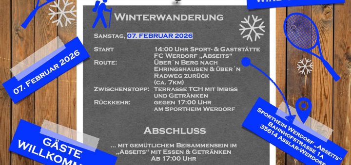 Grafik zur Ankündigung der Winterwanderung mit Text- und Bildelementen.