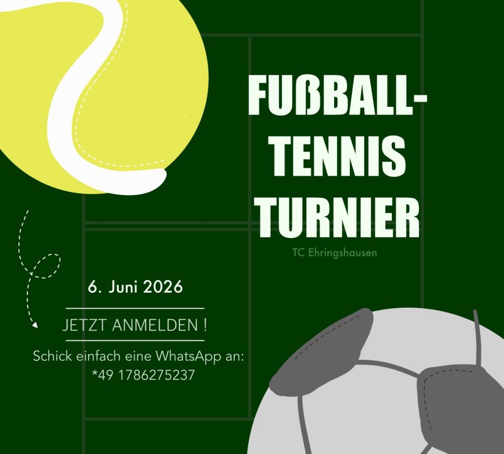 Grafik mit einem grünen Hintergrund, einem Tennisball, einem Fußball und weißer Schrift
